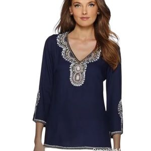 Lilly Pulitzer Braydon Beaded Navy Blue Blouse Top Tunic W-520 Size M